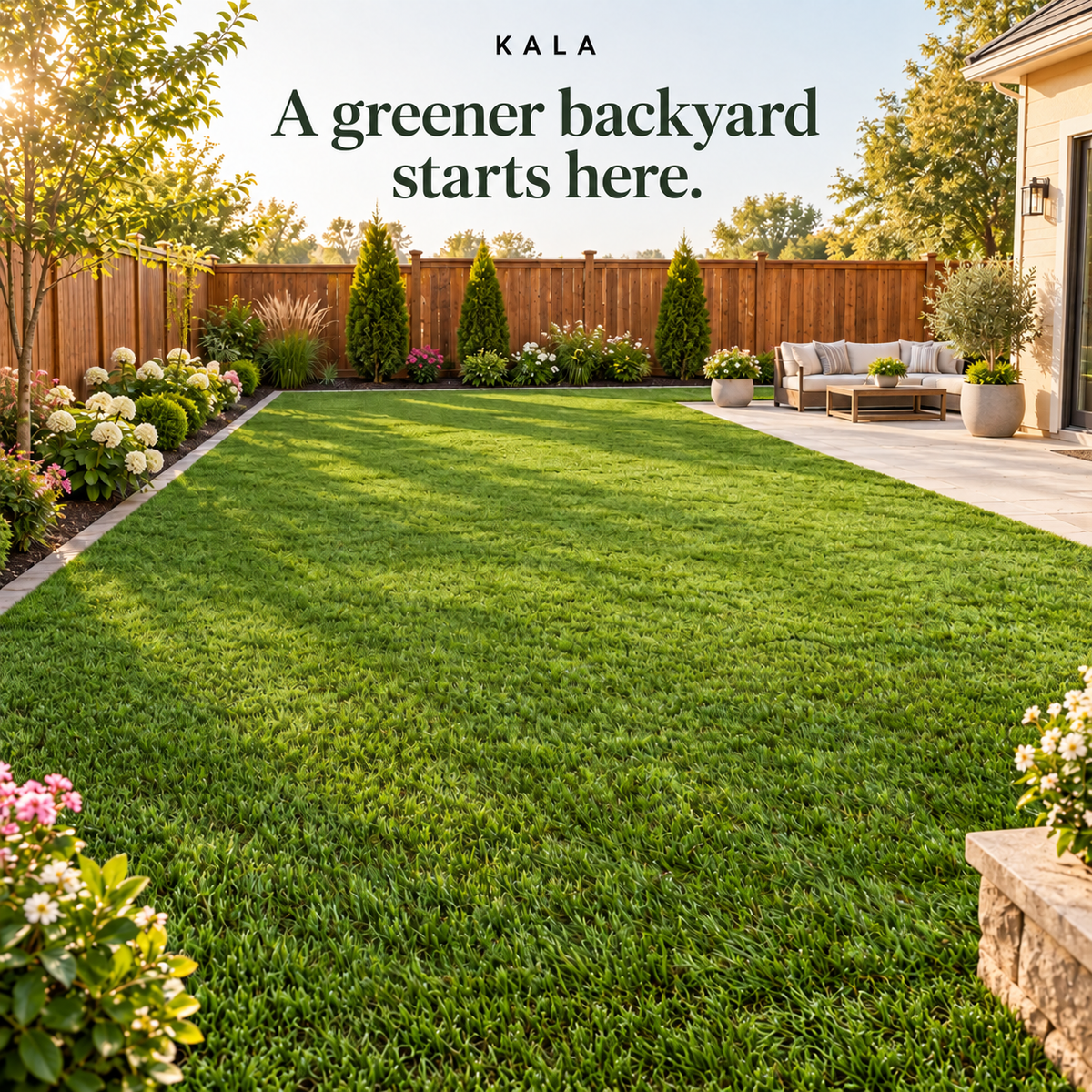 Backyard landscaping concept with a green artificial grass area beside a patio seating space.