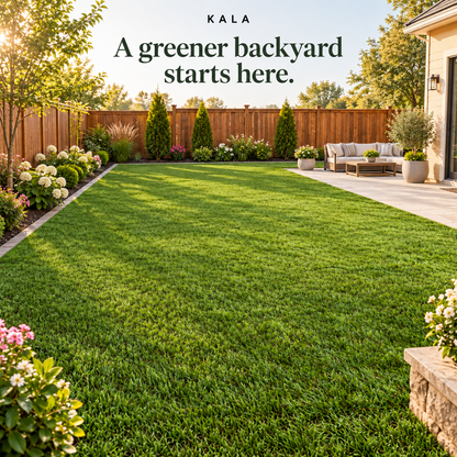 Backyard landscaping concept with a green artificial grass area beside a patio seating space.