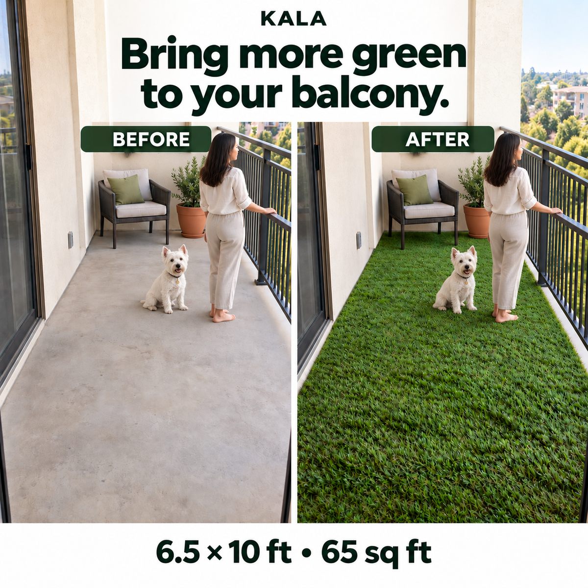 Balcony design concept with a woman and a small dog before and after adding artificial grass.