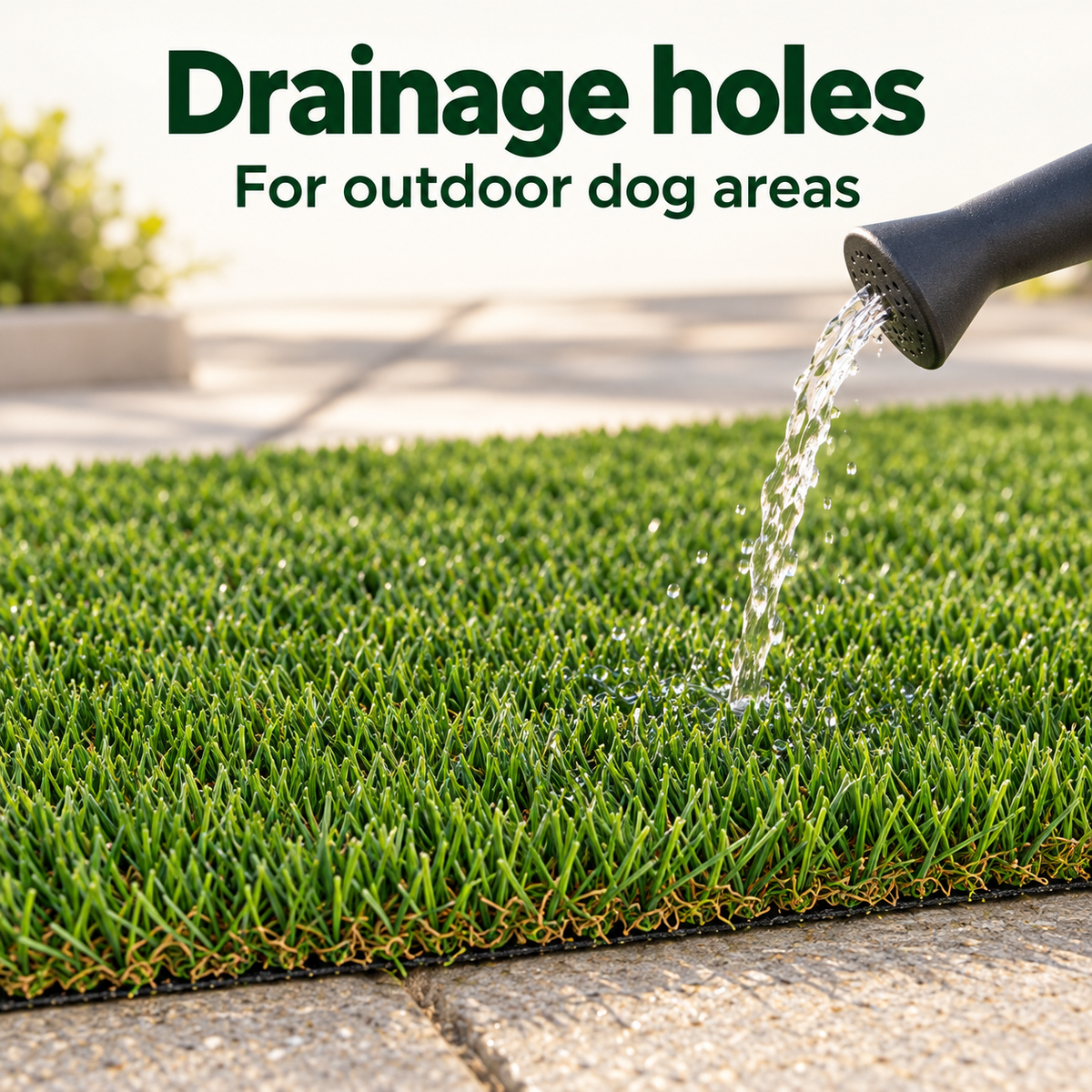 Drainage-feature concept showing a light pour onto artificial grass for outdoor dog areas.