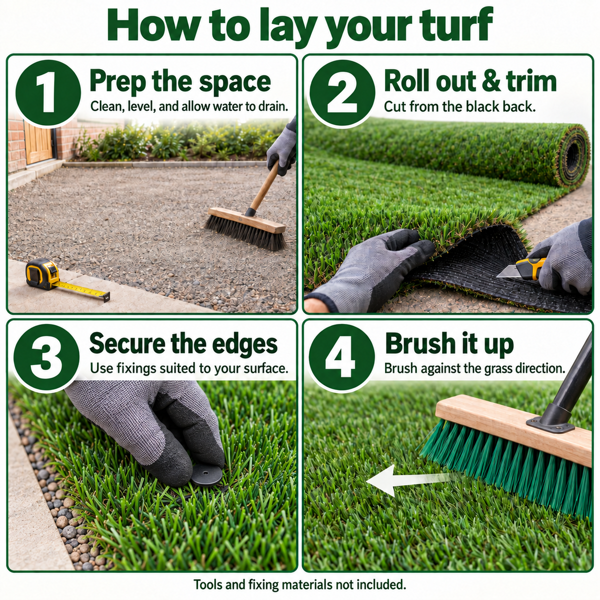 Four illustrated turf installation steps: prepare, roll out and trim, secure the edges, and brush the pile.
