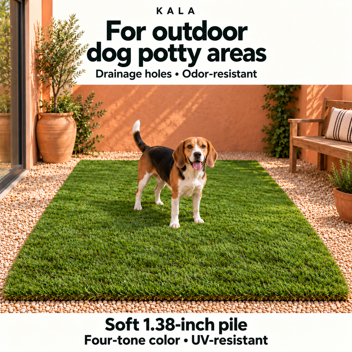 Outdoor dog-area concept showing a beagle on turf with drainage, odor-resistance and soft-pile features.