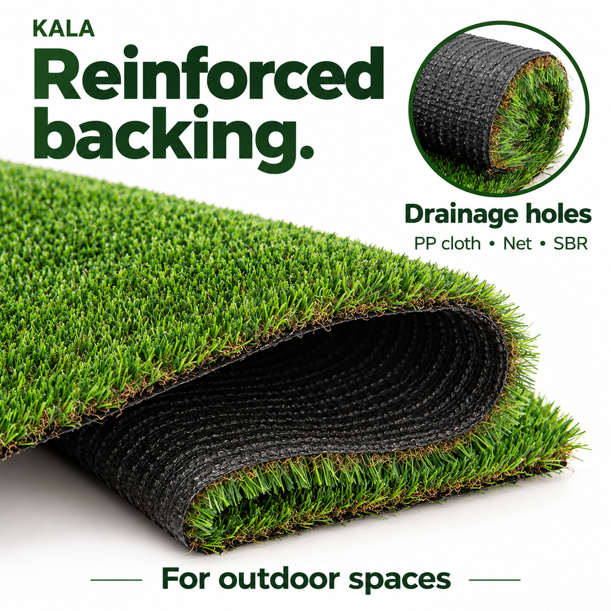 KALA turf backing detail showing reinforced PP cloth, net and SBR construction with drainage holes.